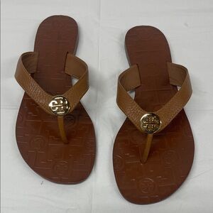 Tory Burch Brown Leather Logo Thong Sandals with Gold Emblem